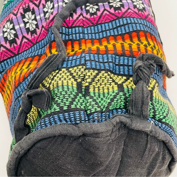 Large Embroidered Striped Pattern Drawstring Boho Bucket Weekender Travel Bag - Picture 6 of 8